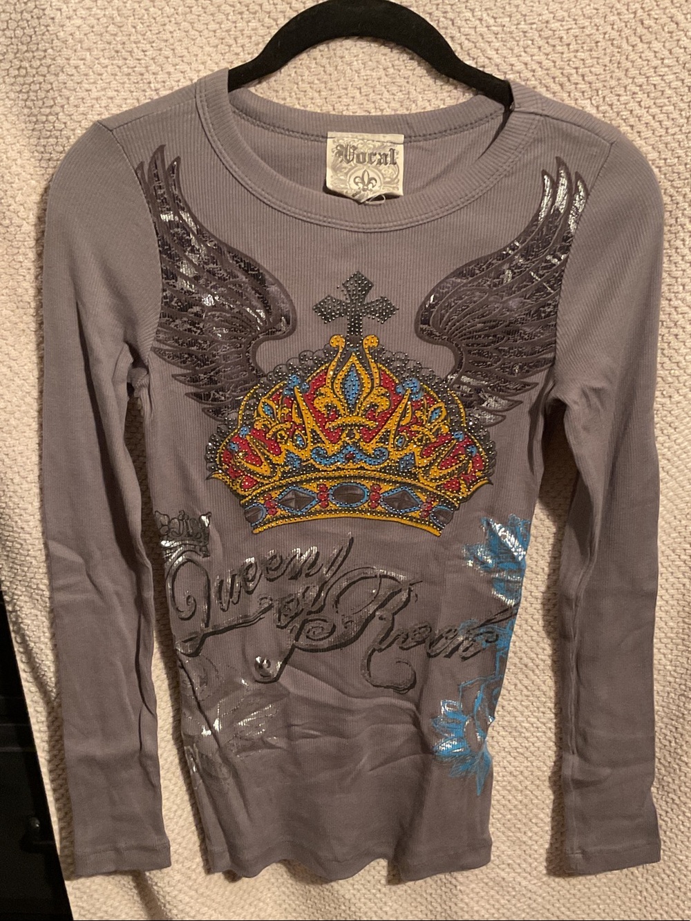 Vocal Gray Long-Sleeve Tee with Embellished Crown & Wings